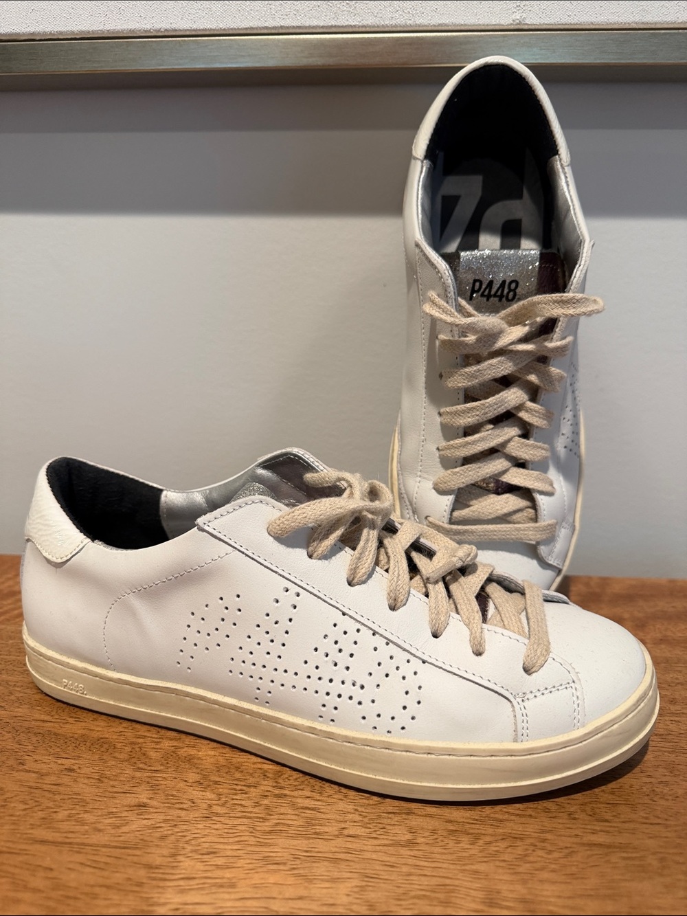 P448 John Low Top Hologram White Leather Sneakers -Women US Size 39 (8.5)